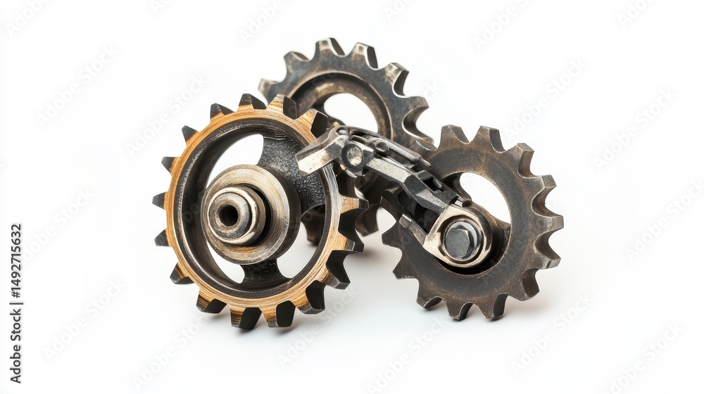 Aufkleber close-up of three interconnected gears and a chain against a white background.