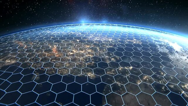 Glowing Earth Hexagonal network over a world, viewed from space at night