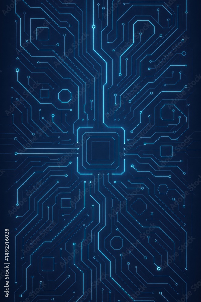 Poster complex circuitry design with glowing blue lines on a dark background, representing technology and i