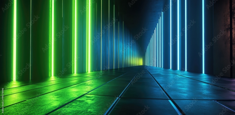 Poster a futuristic interior featuring illuminated columns with vibrant green and blue lights. casting refl