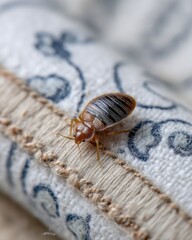 Bed bug close up crawling on patterned fabric macro shot infestation pest control hygiene concern