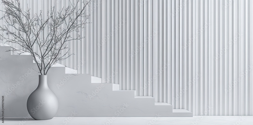Poster a modern interior scene featuring a minimalist staircase and a decorative vase with a branch. illumi