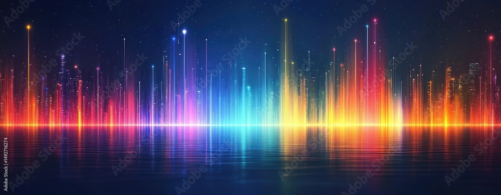 Poster abstract digital artwork featuring vibrant waves of color in blue. orange. and purple. creating a dy