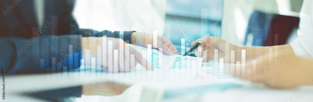 Aufkleber trading and market analysis with data visualization on a wide banner, business and technology concep