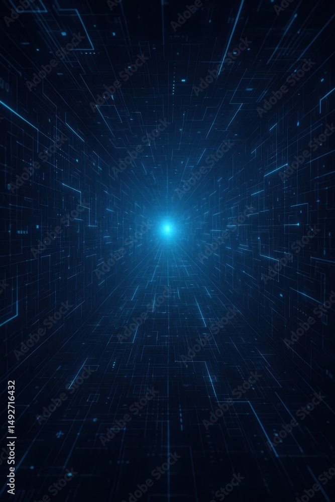 Poster journey through a digital vortex of light and lines in a mesmerizing blue space
