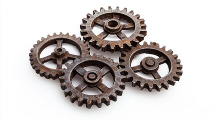 Four rusty gears interlocked on white background.