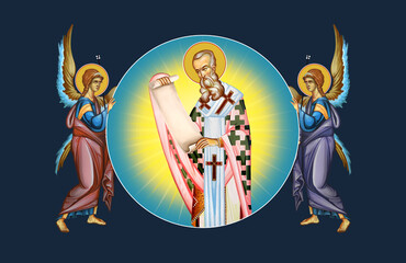 Anastasius I Dicorus. Religious Christian illustration with angels in Byzantine style on deep blue background