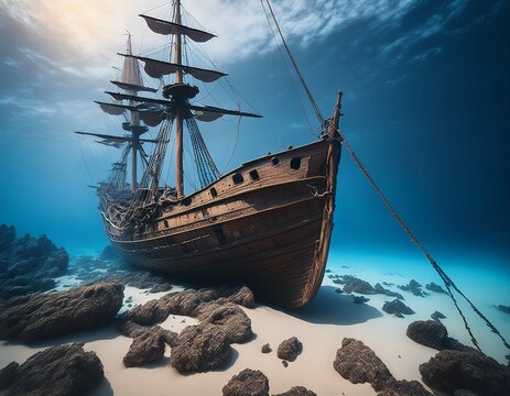 wrecked ships wreckage of old wooden boat sailboat pirate ship wreck brigantine in sand on rocks in sea or ocean sinking battleship nowaday scenes