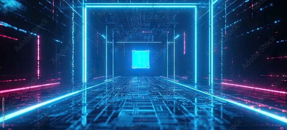 Poster a vibrant digital landscape showcasing a glowing blue square portal surrounded by colorful neon ligh