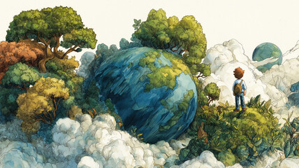 ファンタジー世界の旅人と自然が融合した幻想風景｜空と大地の境界に広がる雲と森と地球を思わせる球体が印象的なストーリー風イラスト