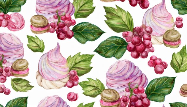watercolor digital seamless pattern with coocies berries marshmallow and green leaves on white background