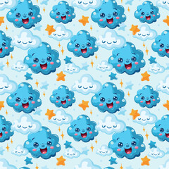 Blue seamless pattern with clouds, highlights and stars for design. Happy childhood dreams.