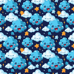 Blue seamless pattern with clouds, highlights and stars for design. Happy childhood dreams.