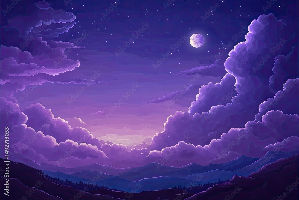 Aufkleber a breathtaking view of fluffy purple clouds illuminated by a soft sunlight. creating a serene atmosp