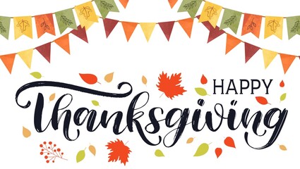 Happy thanksgiving banner design. Thanksgiving teks lettering. Thanksgiving with colorful autumn leaves