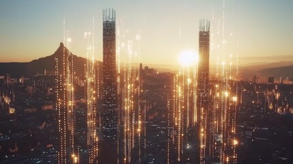 Fototapeta premium Futuristic cityscape illuminated by golden digital connections.