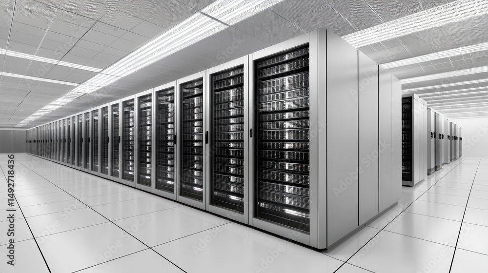 Poster a modern data center showcasing rows of sleek server racks under bright fluorescent lighting. emphas