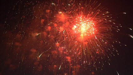 Red Firework celebrate anniversary happy new year 2025, 4th of july holiday festival. red firework in night time celebrate national holiday. Countdown to new year 2025 festival party time event