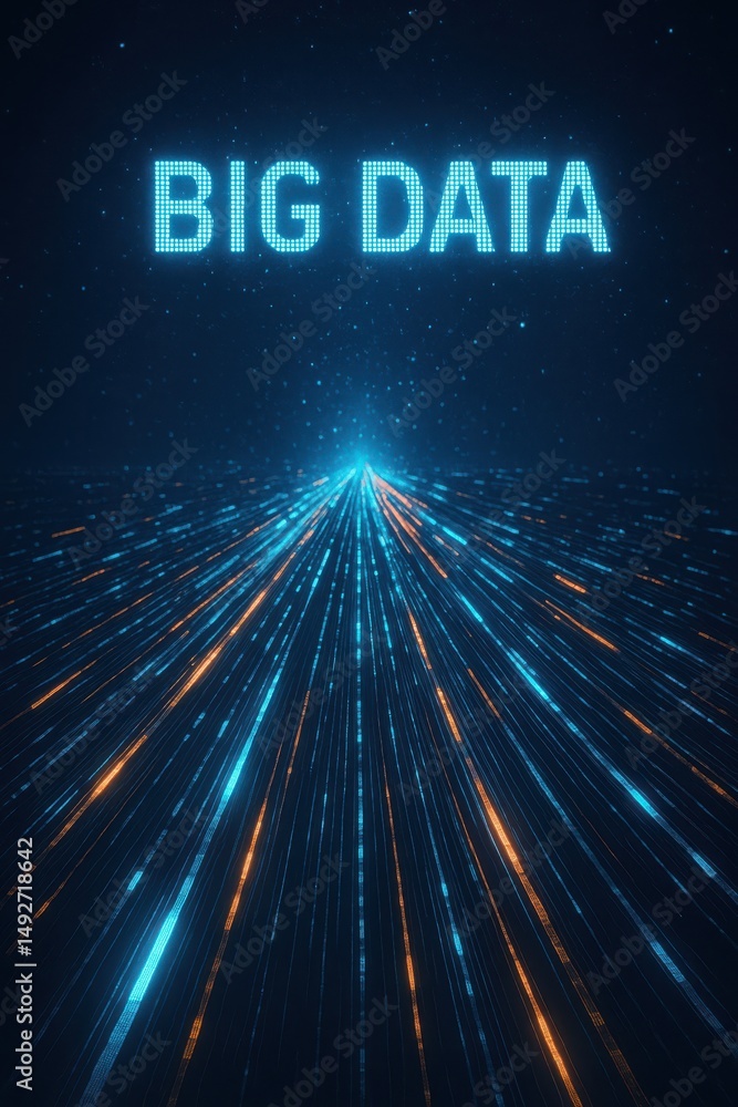 Poster data streams in blue and orange light create a dynamic visual representation of big data technology 