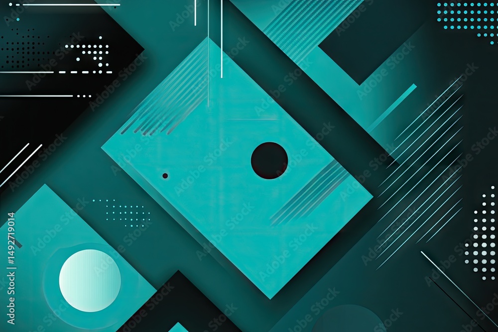Poster abstract geometric composition featuring layered teal and dark blue shapes creating a modern. dynami