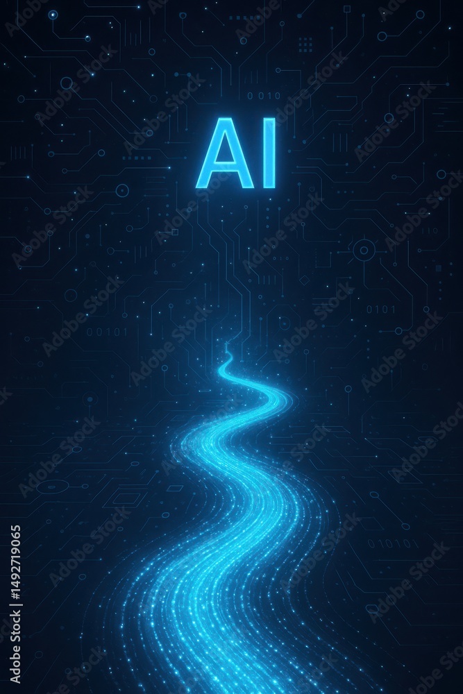 Poster flow of digital discovery illuminated by the promise of ai amidst a backdrop of technology and innov
