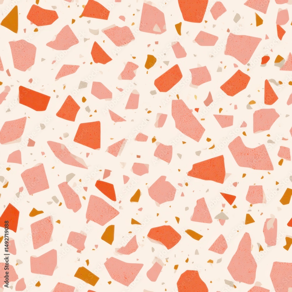 Poster abstract seamless terrazzo pattern with playful peach geometric fragments in vivid peach scattered o