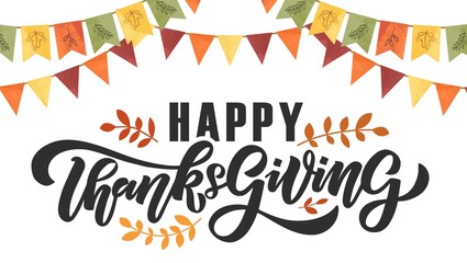 Happy thanksgiving banner design. Thanksgiving teks lettering. Thanksgiving with colorful autumn leaves