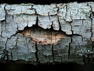 Close-up of bark texture with a missing section