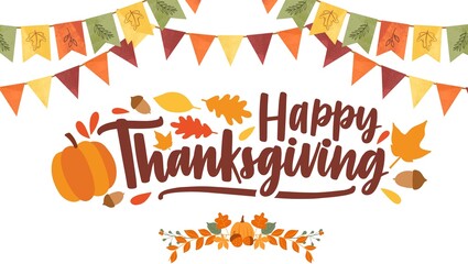 Happy thanksgiving banner design. Thanksgiving teks lettering. Thanksgiving with colorful autumn leaves