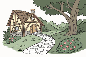 190 enchanted cottage, charming garden, lush vegetation, cobblestone pathway, stone decor, wooden cabin, rustic ambiance, vibrant colors, natural lighting, serene atmosphere, fairy tale setting