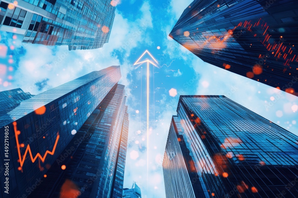 Poster a dynamic view of towering skyscrapers under a bright sky. showcasing a digital graph overlay symbol