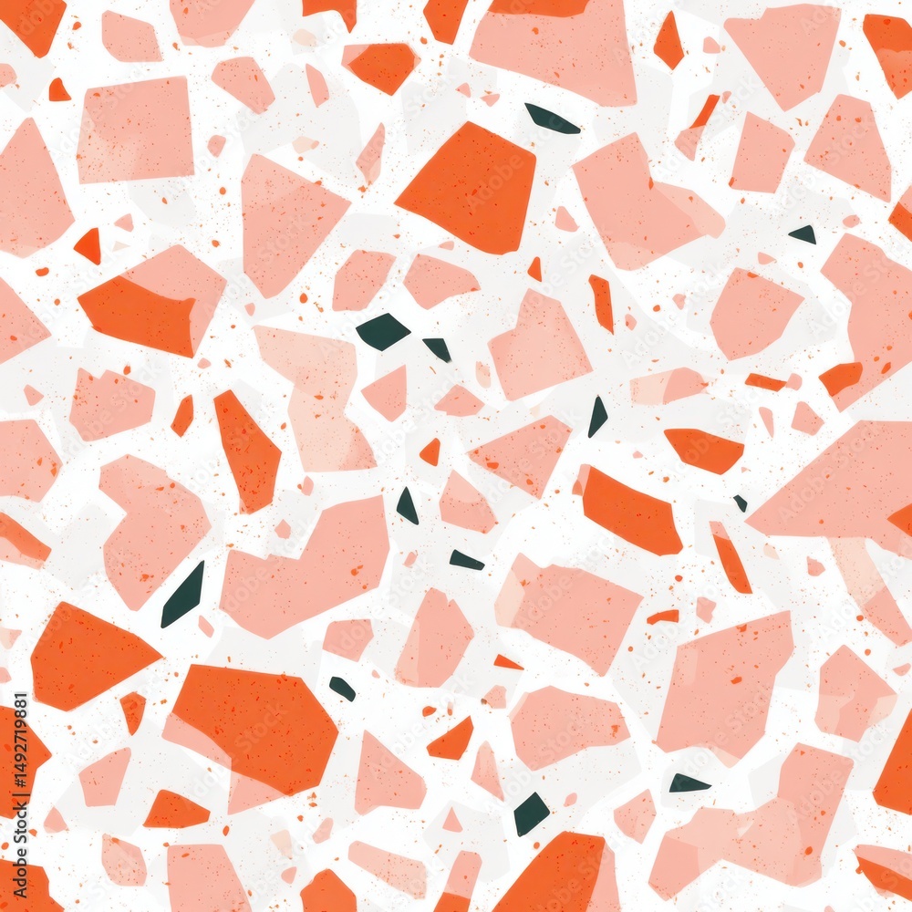 Poster abstract seamless terrazzo pattern with playful peach geometric fragments in vivid peach scattered o