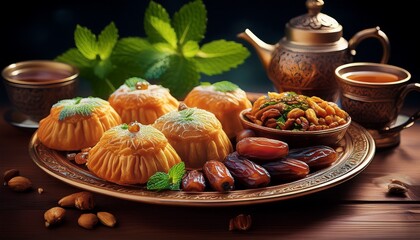 assorted oriental pastries dates nuts mint tea on wooden table generative ai