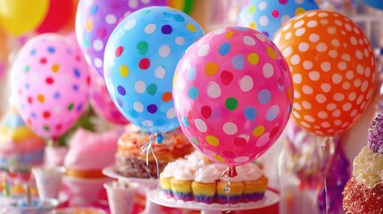 Colorful Polka Dot Balloons Floating Above Birthday Cupcakes and Cakes Celebration Party Close Up