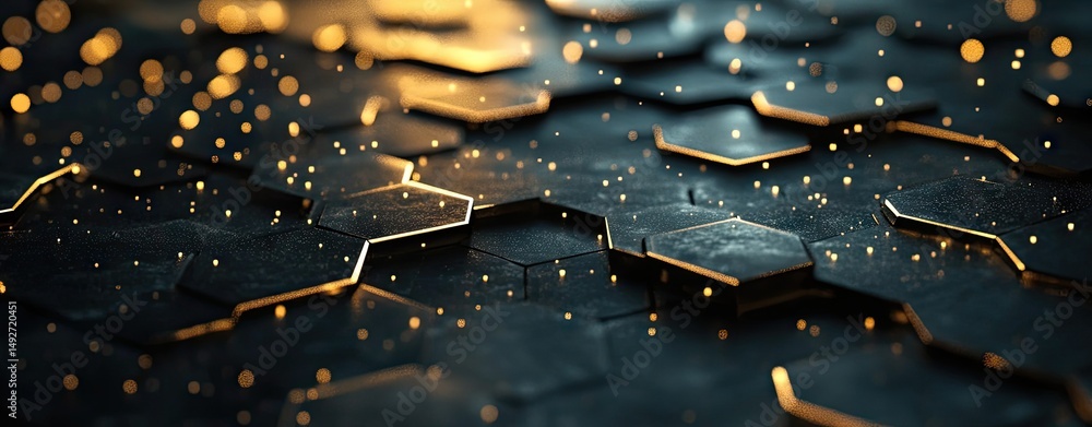 Poster abstract close-up of hexagonal shapes illuminated by soft golden and blue lights. creating a dreamy 