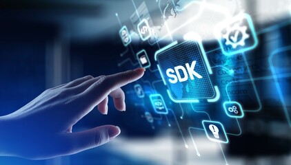 SDK Software Development Kit Enabling Application Development, projection on a virtual screen, Business and Technology Concept.