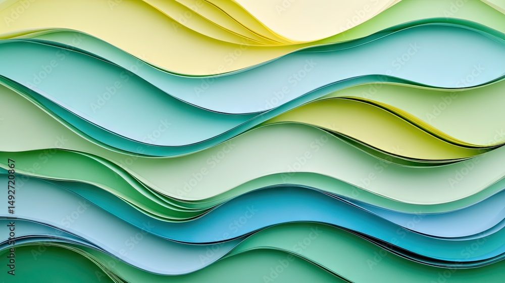 Poster a vibrant abstract composition of layered paper waves in shades of green and yellow. creating a sens