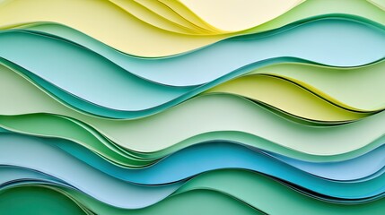 Fototapeta premium A vibrant abstract composition of layered paper waves in shades of green and yellow. creating a sense of depth and movement. ideal for backgrounds and design projects
