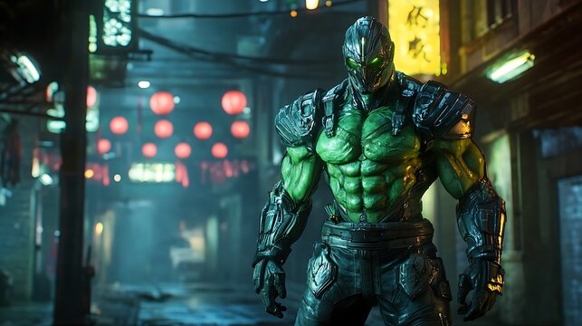 Muscular figure in futuristic costume