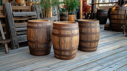 Three rustic wooden barrels stand on a weathered deck, surrounded by other wooden objects and plants.