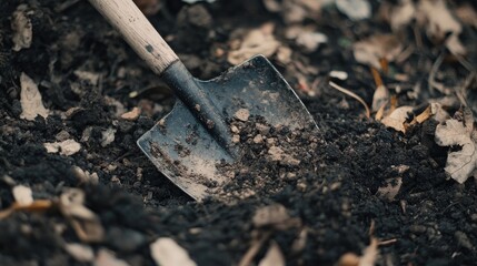 Close-up view of a shovel in rich, dark soil.