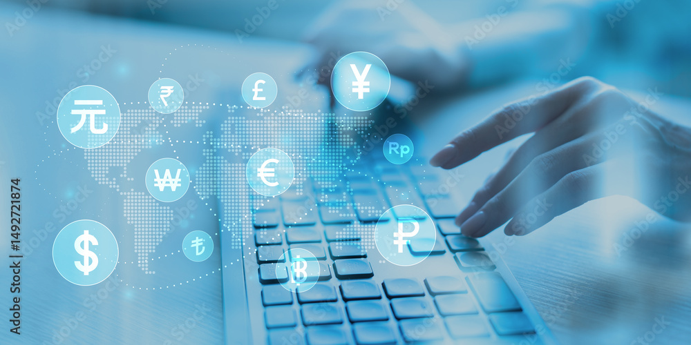 Poster global currency exchange and digital payment system interface with world map background.