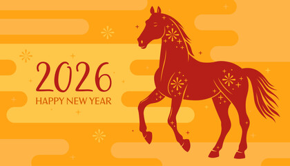 Happy 2026 New Year of the Horse, Lunar New Year or Chinese New Year. Paper applique, red horse on a yellow background. Greeting card or banner. Zodiac animal character.