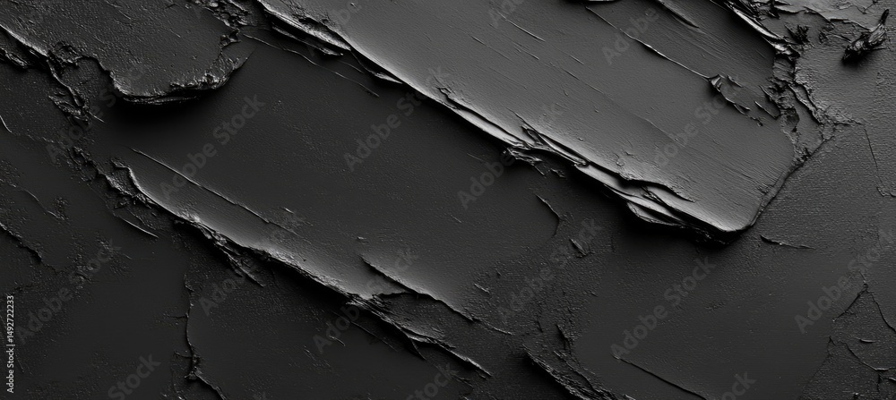 Poster a close-up view of textured black paint strokes on a canvas. showcasing various layers and depth. pe