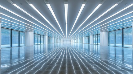 Obraz premium Empty modern office space with bright, linear lighting
