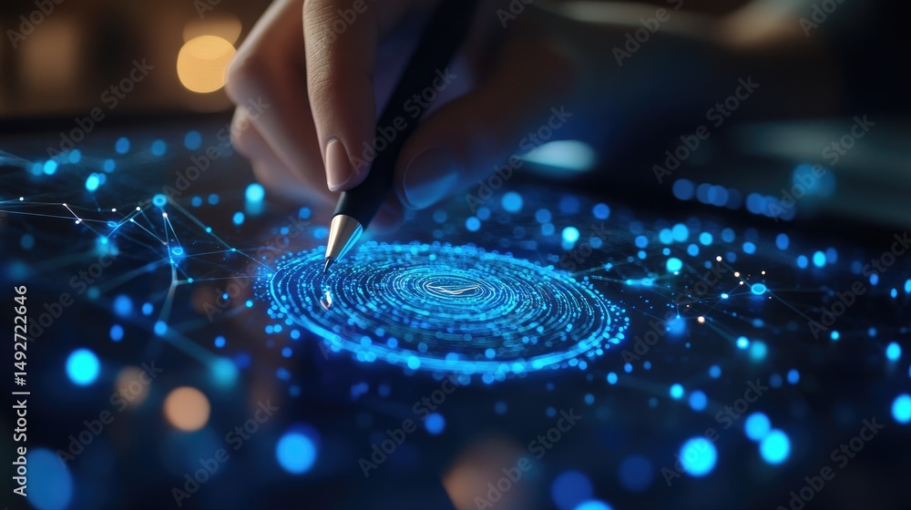 Poster a close-up of a hand holding a pen. interacting with a glowing digital tablet displaying intricate b