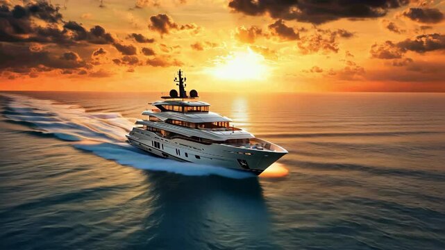 luxury yacht cruising across calm ocean during golden sunset, aerial view