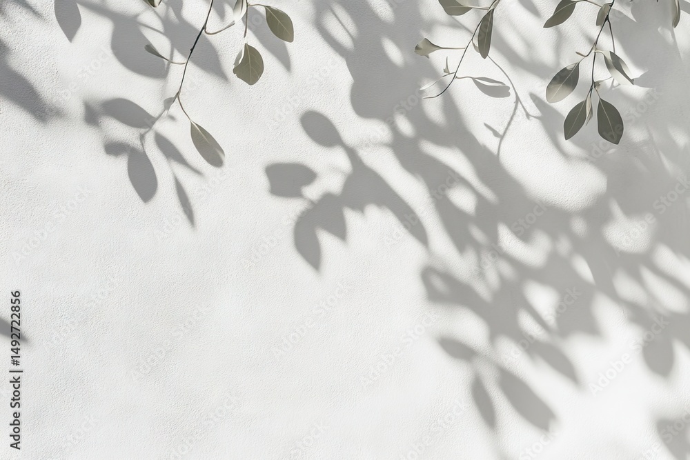 Poster delicate green leaves casting intricate shadows on a textured white wall. creating a serene and calm