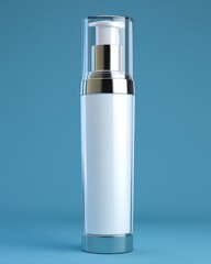 Cosmetic pump bottle mockup on blue background studio shot for skincare product packaging design and branding presentation