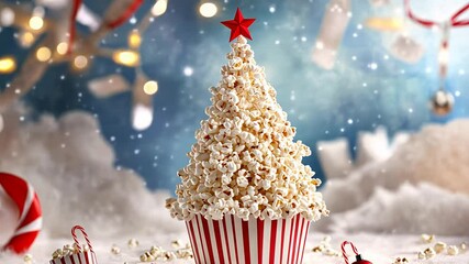 Festive popcorn christmas tree with candy cane and red ornaments in winter wonderland. - Powered by Adobe